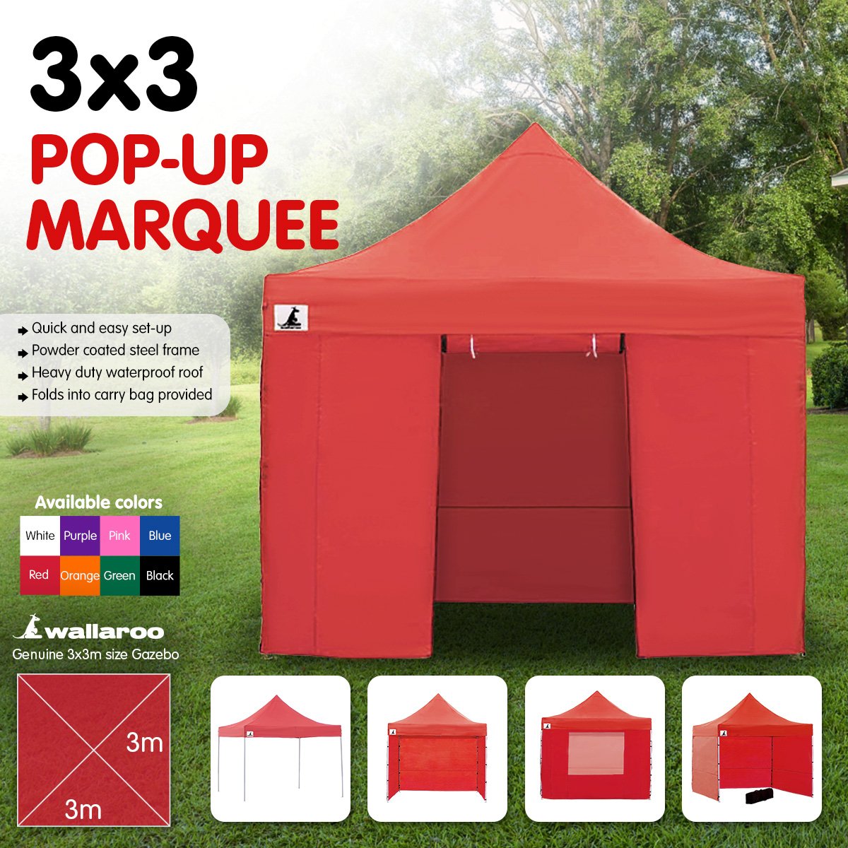 Wallaroo Gazebo Tent Marquee 3x3 PopUp Outdoor Red