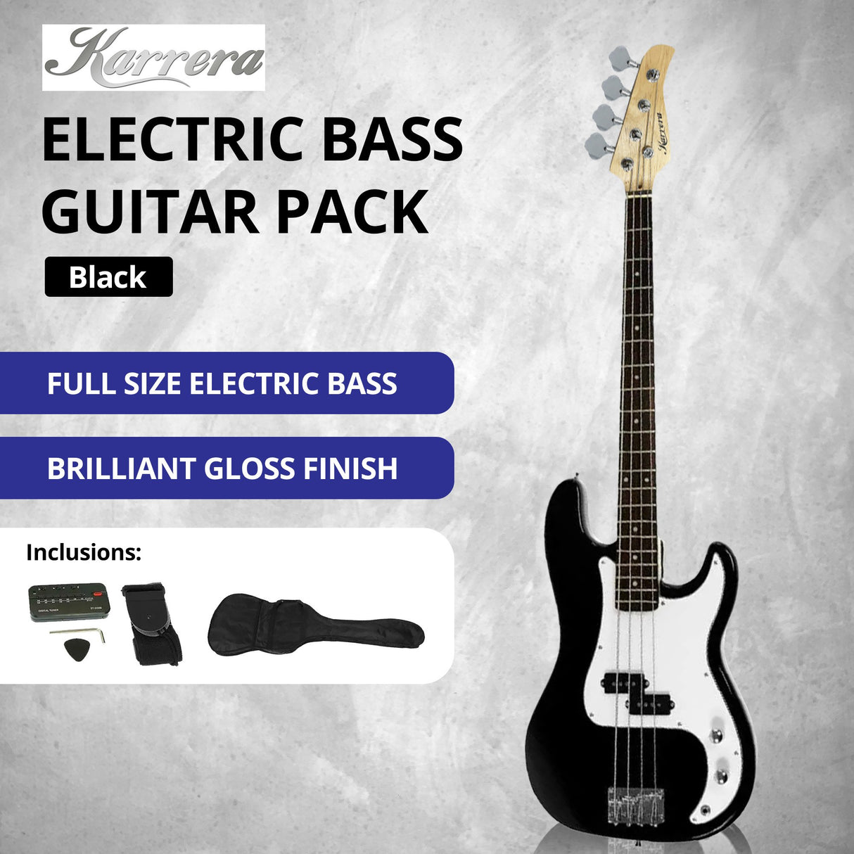Karrera 39in Electric Guitar Bass Tuner Music 4-String Instrument Full Size Black