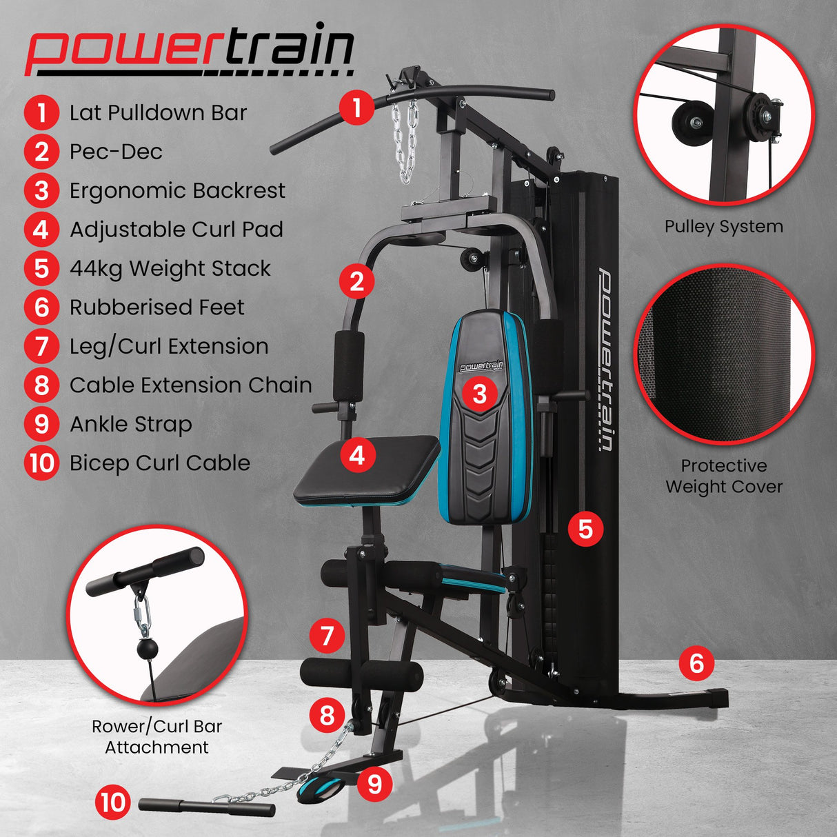 Powertrain JX-300 Multi Station Home Gym 44kg Weight Stack Cable Machine, Curl Pad Leg Extension and Pull-down Bar