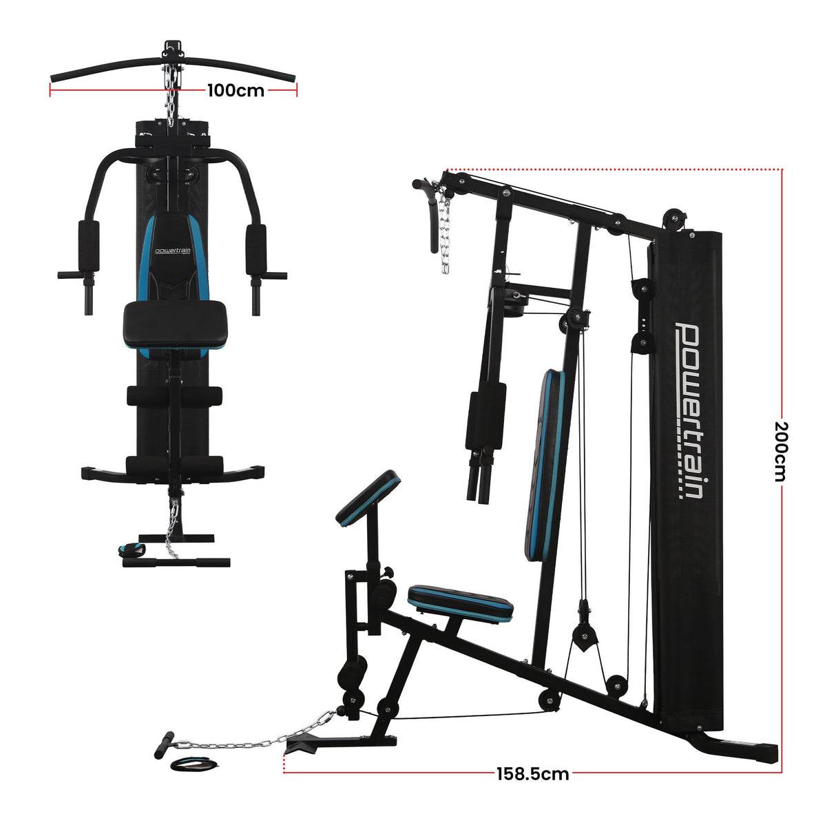 Powertrain JX-300 Multi Station Home Gym 44kg Weight Stack Cable Machine, Curl Pad Leg Extension and