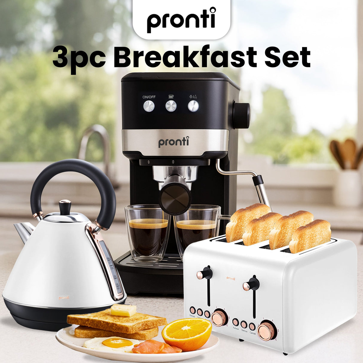 Pronti Breakfast Set with Rose Gold Kettle & Toaster with 1.2L Espresso Machine - White