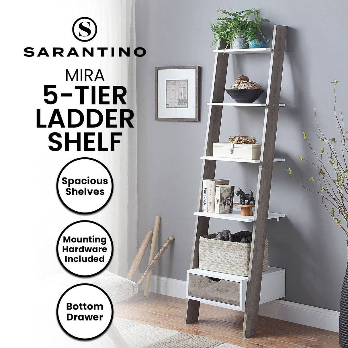 Sarantino Mira 5-Tier Ladder Shelf in White and Grey Oak