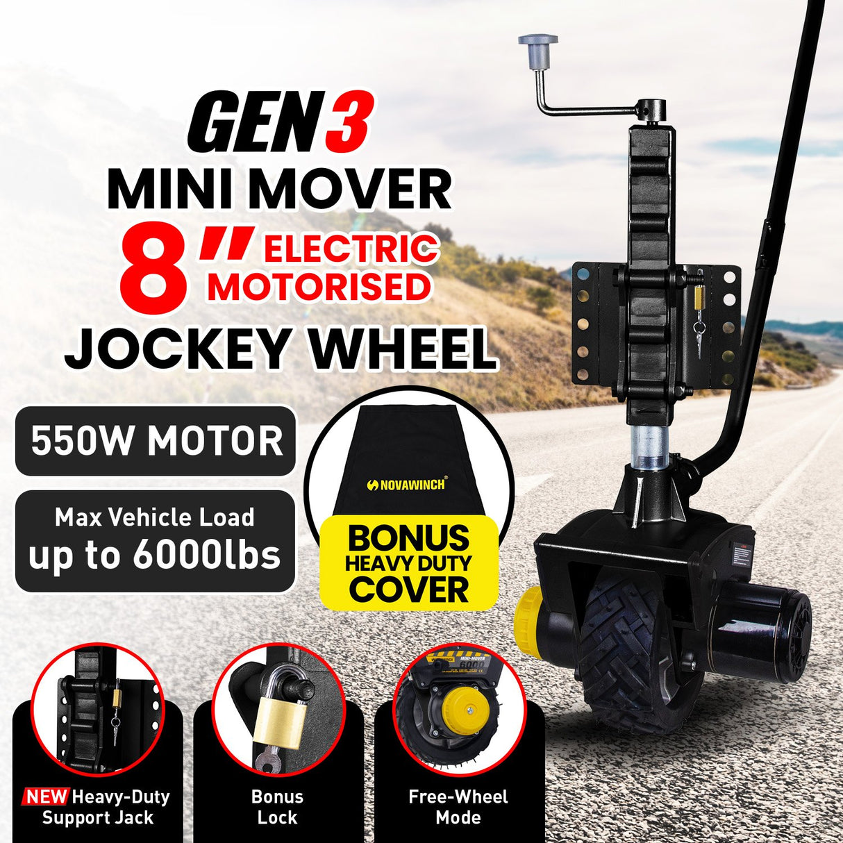Mini Mover Gen3 12V 550W Electric Motorised Jockey Wheel - Black