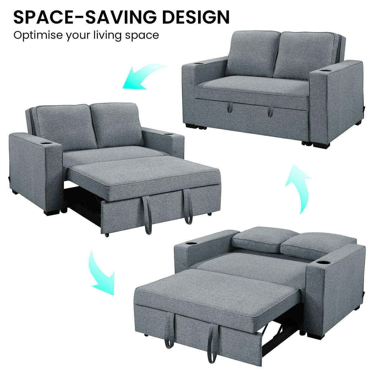 Sarantino Hoffman Linen Sofa Bed with Cushions & Cup Holders Dark Grey