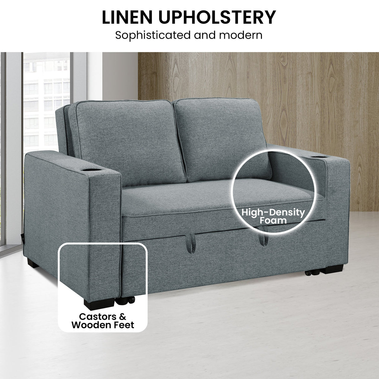 Sarantino Hoffman Linen Sofa Bed with Cushions & Cup Holders Dark Grey