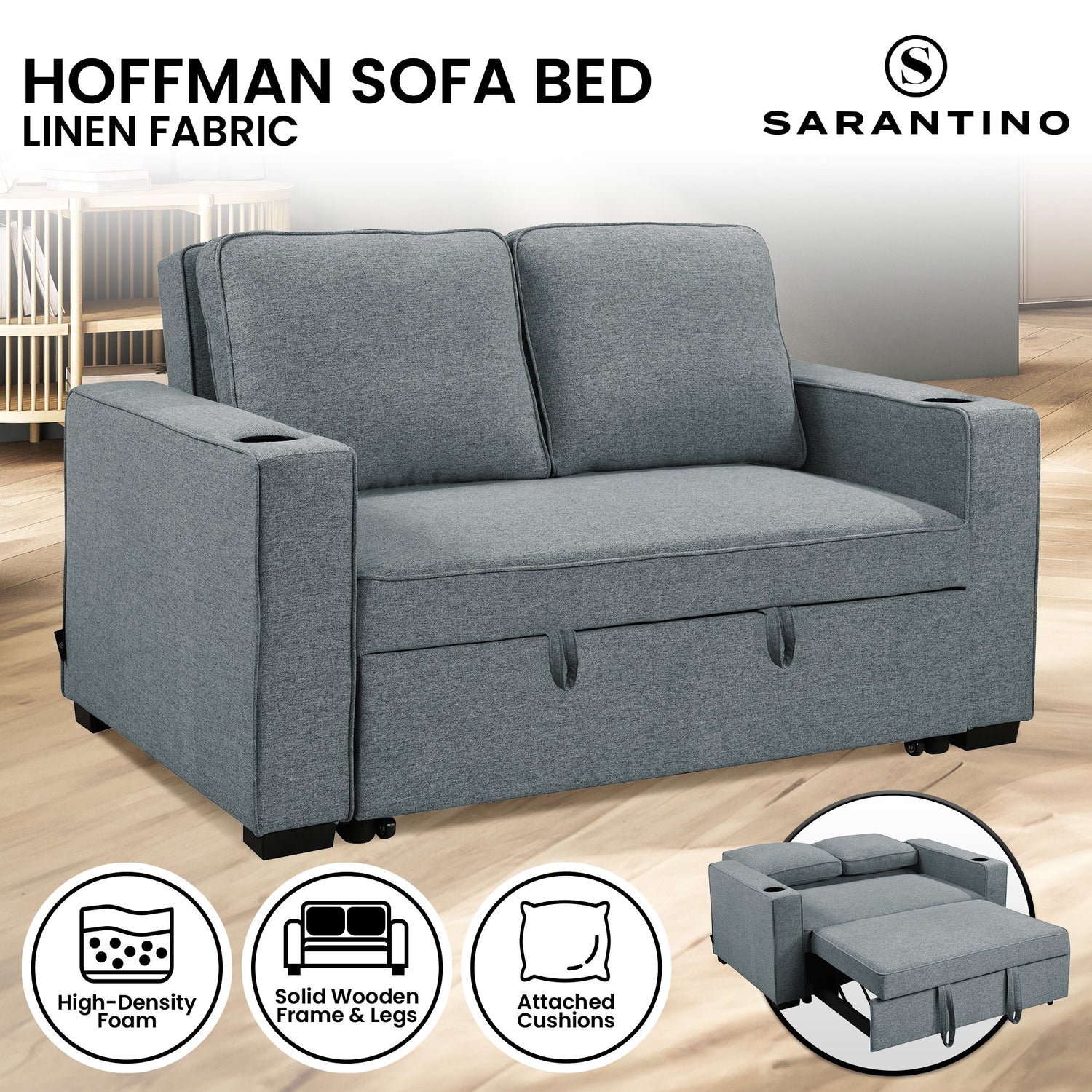 Sarantino Hoffman Linen Sofa Bed with Cushions & Cup Holders Dark Grey