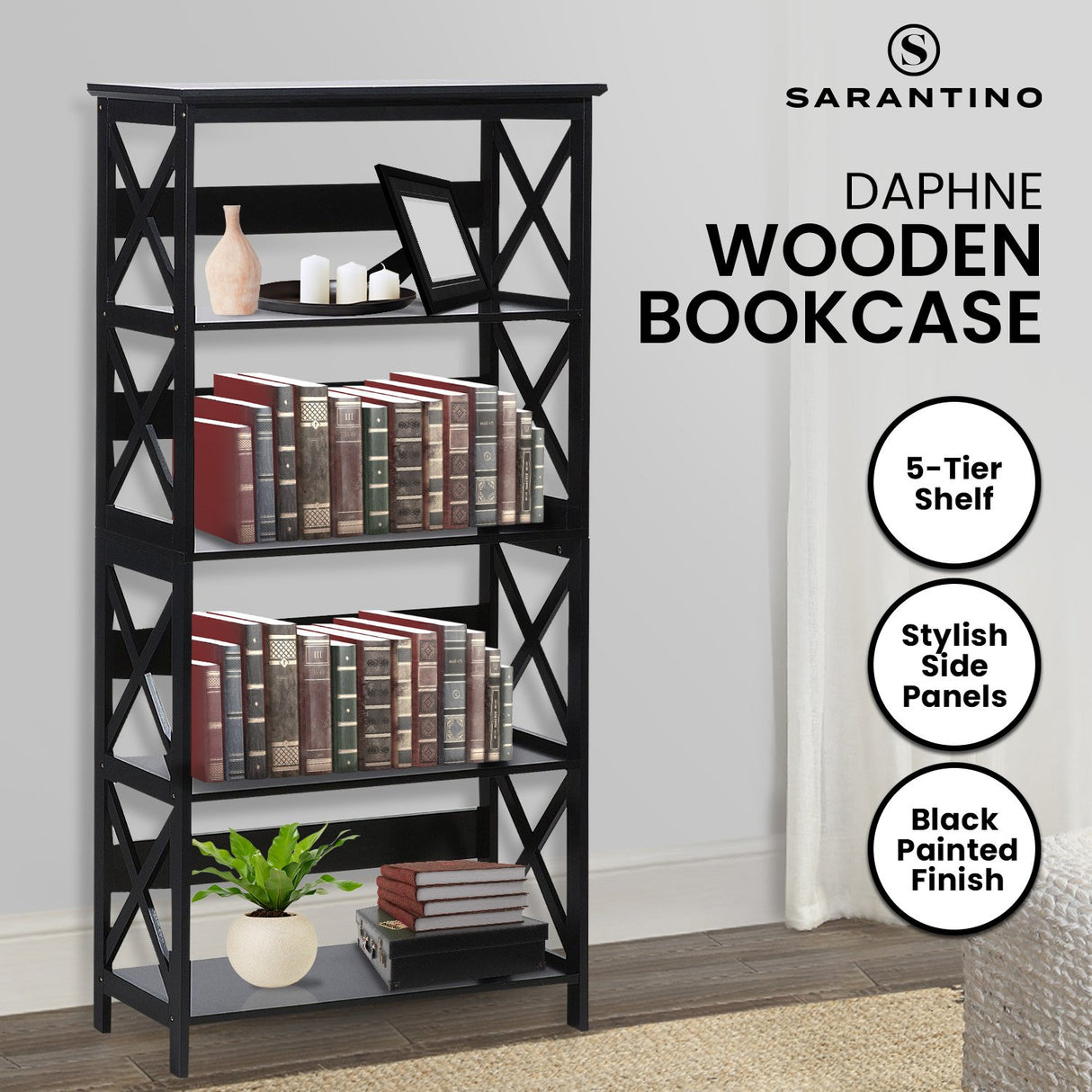 Sarantino Daphne 5-Tier Cross Panel Bookshelf