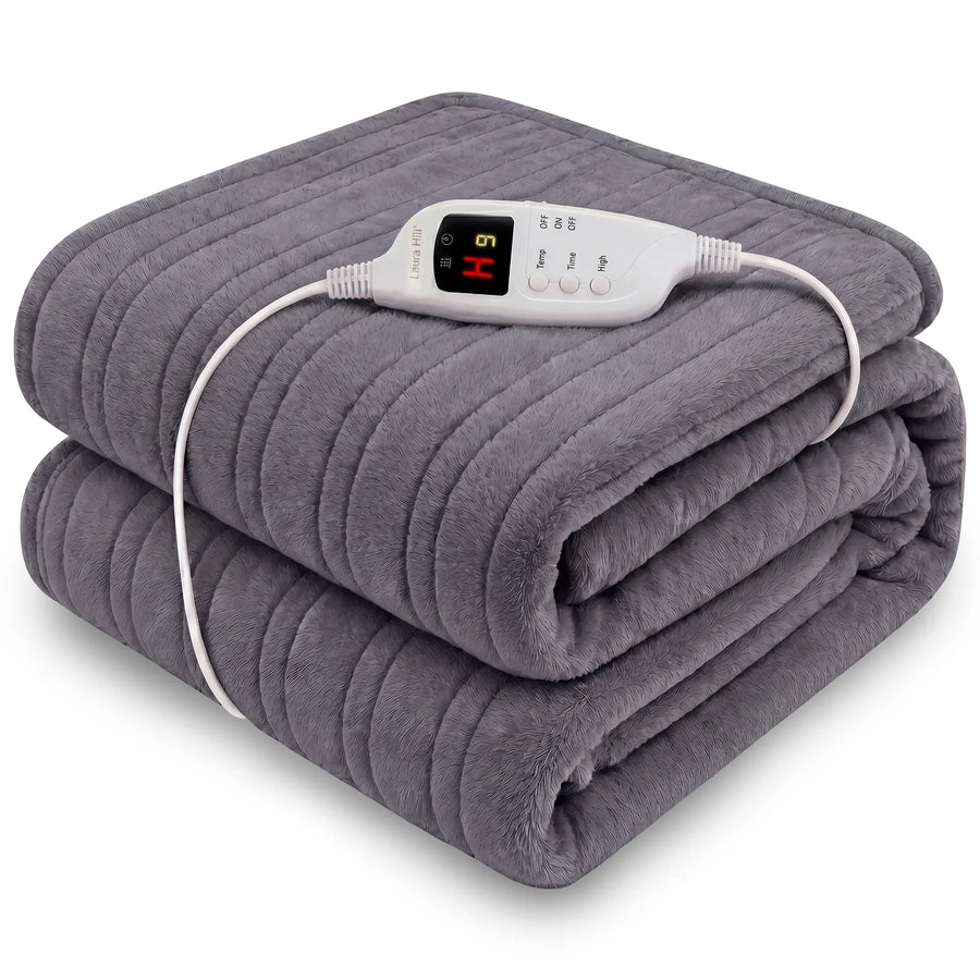 Laura Hill Electric Heated Blanket Throw Soft Coral Fleece w/ 9 Heat Settings - Grey