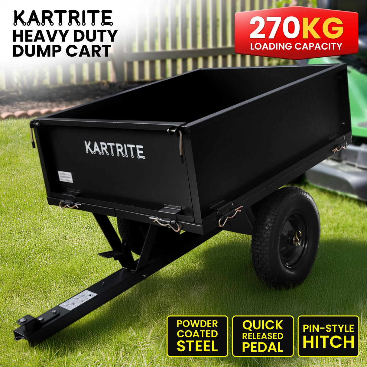 Kartrite Heavy Duty Dump Cart 270kg Capacity Pneumatic Tyres Quick Release Pedal Removable Tailgate Trailer for Garden