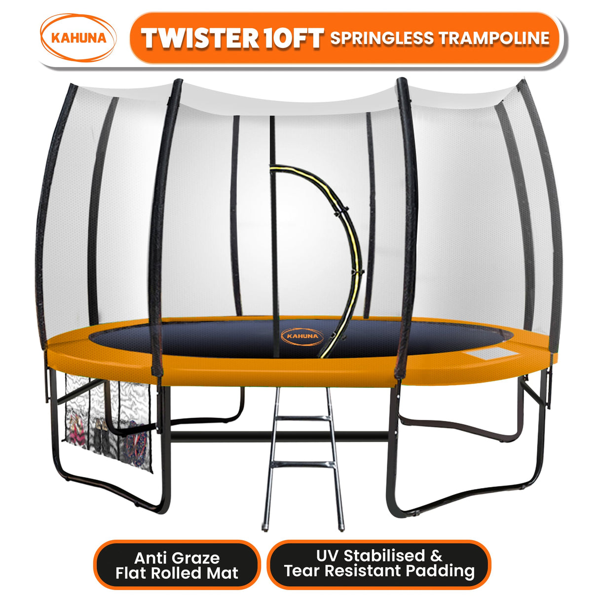 Kahuna 10ft Trampoline Twister Springless Safety Net Pad Mat with Basketball Set Orange