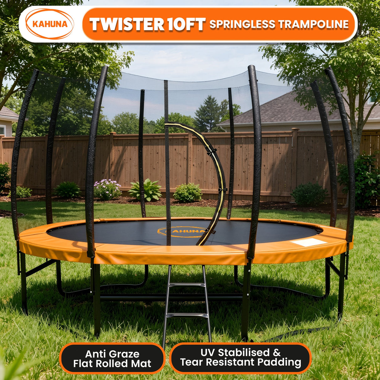 Kahuna 10ft Trampoline Twister Springless Safety Net Pad Mat with Basketball Set Orange
