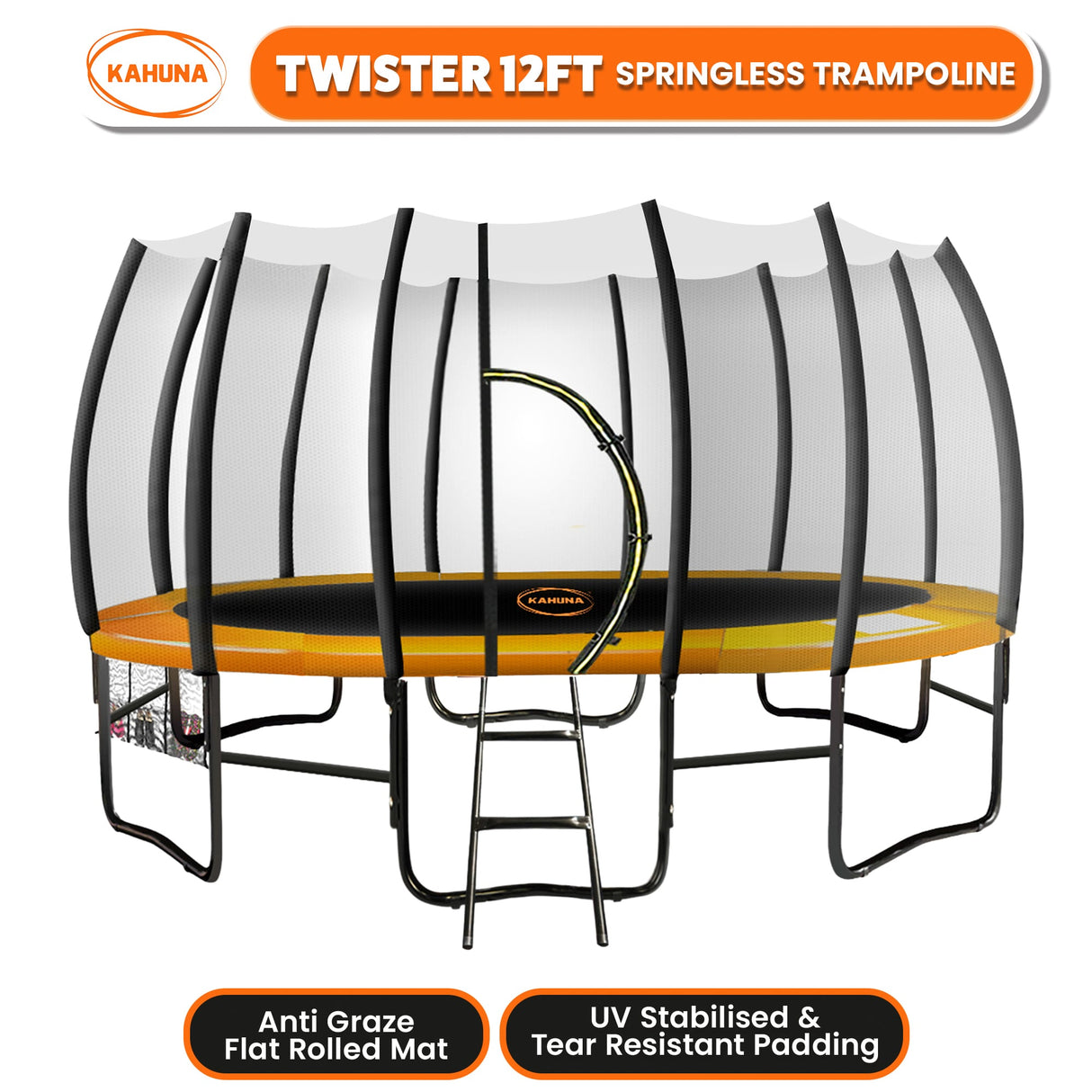 Kahuna Twister 12ft Springless Trampoline Outdoor Mat Pad Net Ladder with Basketball Set