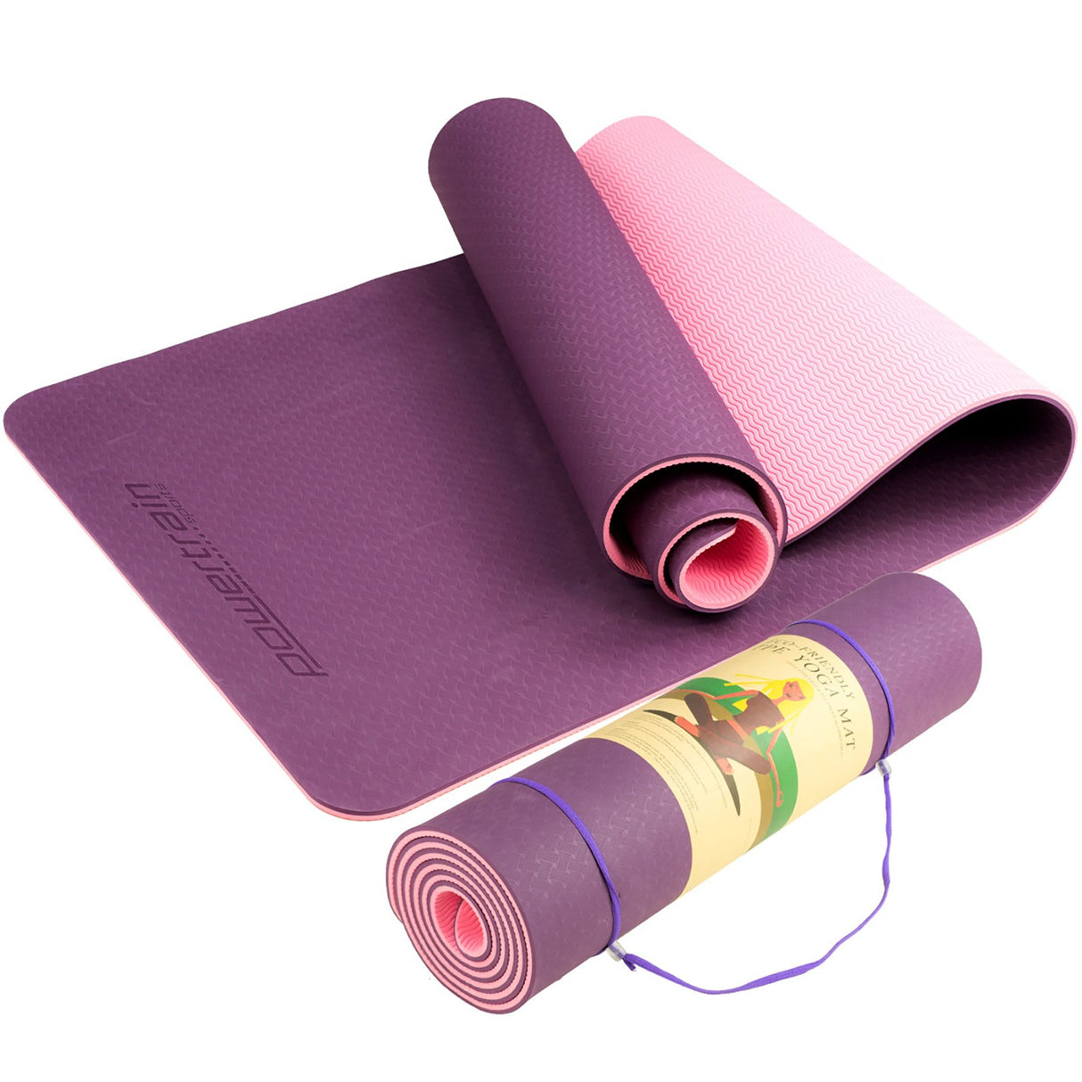 Powertrain Dual Layer 8mm Yoga Mat | Purple | Non-slip Surface And Carry Strap For Ultimate Comfort And Portability