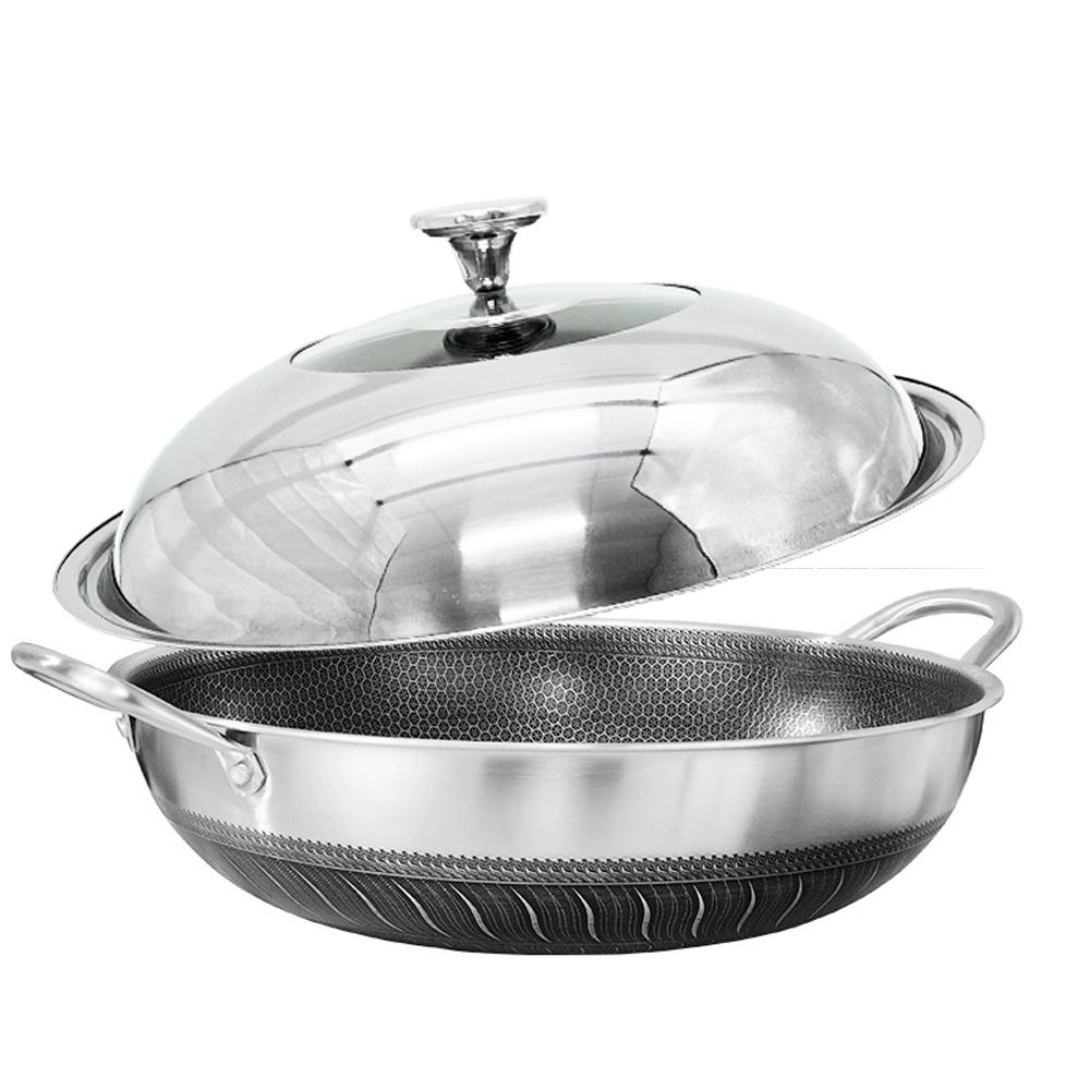 34cm 316 Stainless Steel Double Ear Non-Stick Stir Fry Cooking Kitchen Wok Pan with Lid Honeycomb Do