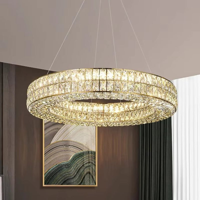 BAMDECOR C3332/1 Round Luxury Crystal Chandelier Modern LED Crystal Chandelier LED Ring Pendant Light Stainless Steel Ceiling Lamp Hanging Lights,for Dining Living Room (Gold)
