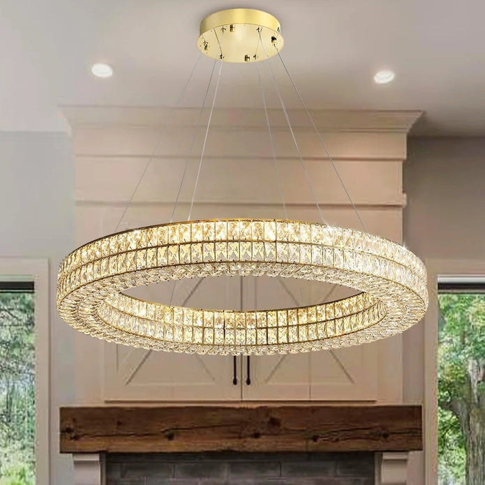 BAMDECOR C3332/1 Round Luxury Crystal Chandelier Modern LED Crystal Chandelier LED Ring Pendant Light Stainless Steel Ceiling Lamp Hanging Lights,for Dining Living Room (Gold)