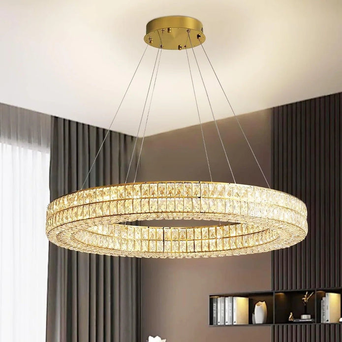 BAMDECOR C3332/1 Round Luxury Crystal Chandelier Modern LED Crystal Chandelier LED Ring Pendant Light Stainless Steel Ceiling Lamp Hanging Lights,for Dining Living Room (Gold)