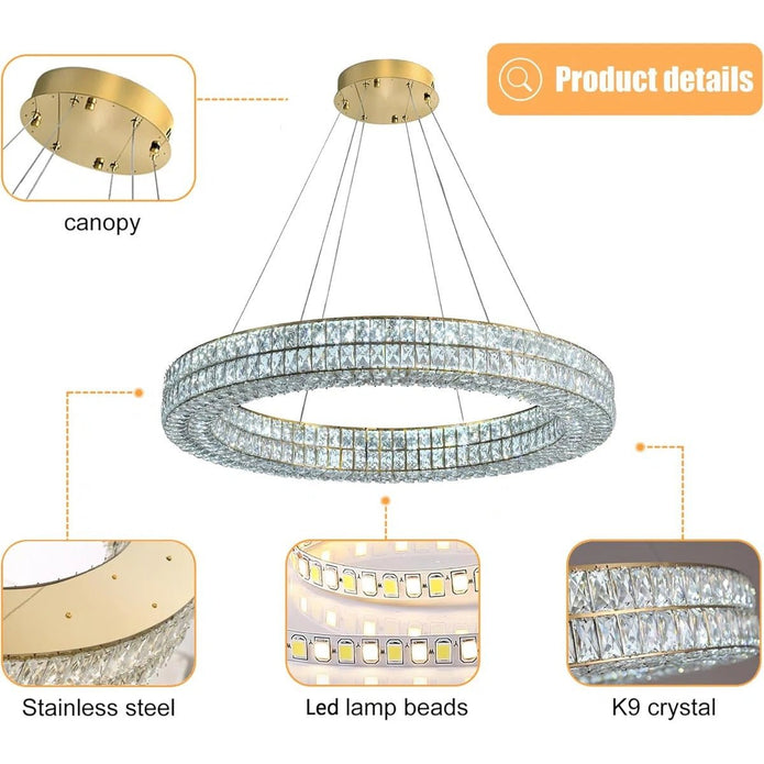 BAMDECOR C3332/1 Round Luxury Crystal Chandelier Modern LED Crystal Chandelier LED Ring Pendant Light Stainless Steel Ceiling Lamp Hanging Lights,for Dining Living Room (Gold)