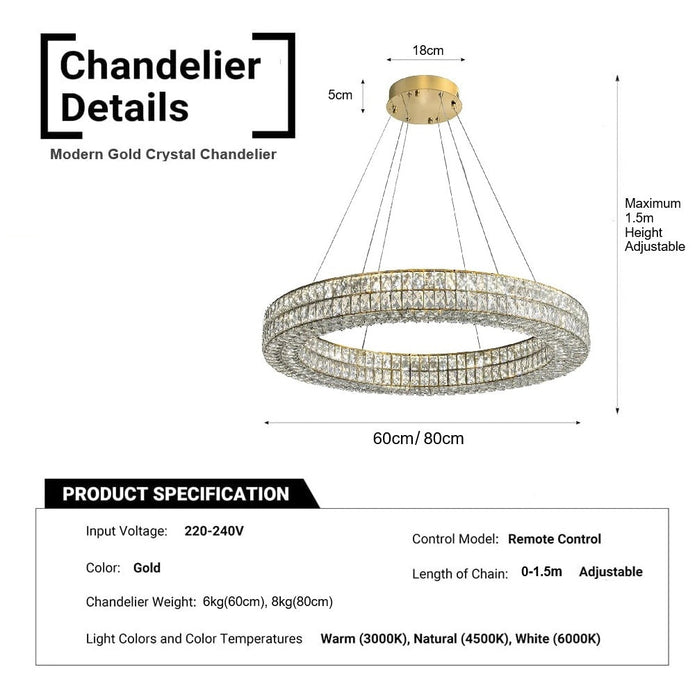 BAMDECOR C3332/1 Round Luxury Crystal Chandelier Modern LED Crystal Chandelier LED Ring Pendant Light Stainless Steel Ceiling Lamp Hanging Lights,for Dining Living Room (Gold)