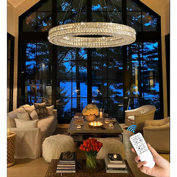 BAMDECOR C3332/1 Round Luxury Crystal Chandelier Modern LED Crystal Chandelier LED Ring Pendant Light Stainless Steel Ceiling Lamp Hanging Lights,for Dining Living Room (Gold)