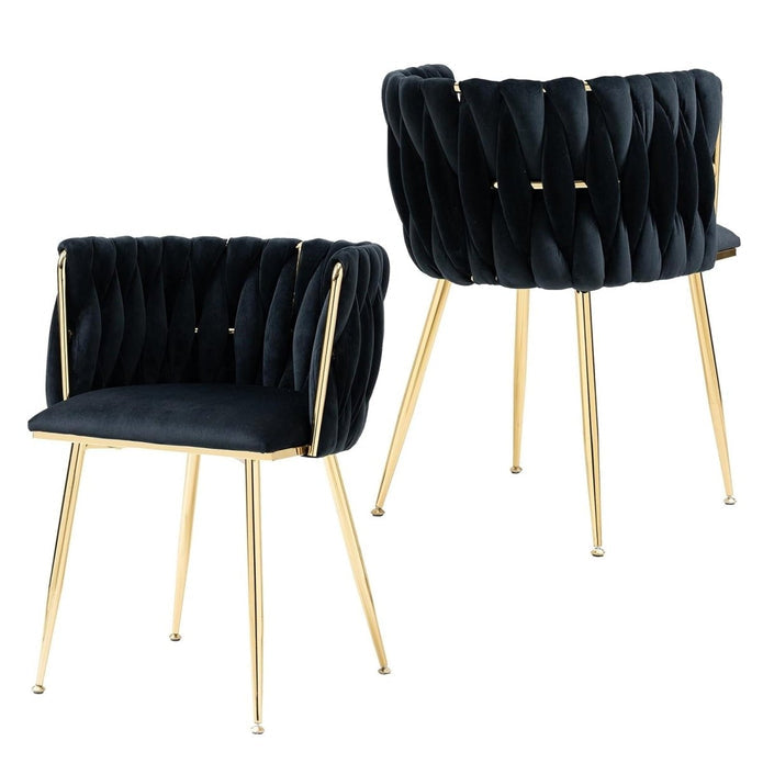 SERENITà Black Modern Hand Weaving Dining ChairsVelvet Upholstered Side Chairs with Gold Legs Chic Vanity Chairs with Armrest Accent Chair for Dining Room and Cafe Set of 2