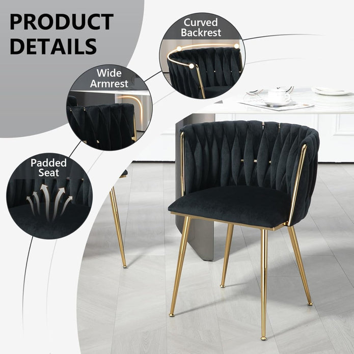 SERENITà Black Modern Hand Weaving Dining ChairsVelvet Upholstered Side Chairs with Gold Legs Chic Vanity Chairs with Armrest Accent Chair for Dining Room and Cafe Set of 2