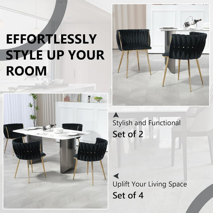 SERENITà Black Modern Hand Weaving Dining ChairsVelvet Upholstered Side Chairs with Gold Legs Chic Vanity Chairs with Armrest Accent Chair for Dining Room and Cafe Set of 2