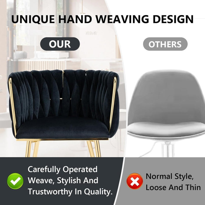 SERENITà Black Modern Hand Weaving Dining ChairsVelvet Upholstered Side Chairs with Gold Legs Chic Vanity Chairs with Armrest Accent Chair for Dining Room and Cafe Set of 2