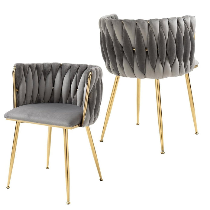 SERENITà Grey Modern Hand Weaving Dining ChairsVelvet Upholstered Side Chairs with Gold Legs Chic Vanity Chairs with Armrest Accent Chair for Dining Room and Cafe Set of 2