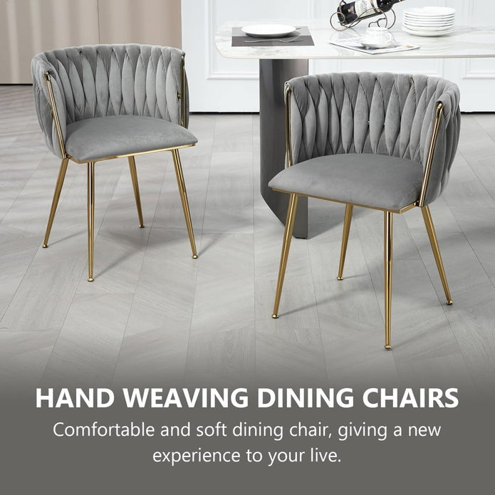 SERENIT??Grey Modern Hand Weaving Dining ChairsVelvet Upholstered Side Chairs with Gold Legs Chic Vanity Chairs with Armrest Accent Chair for Dining Room and Cafe Set of 2