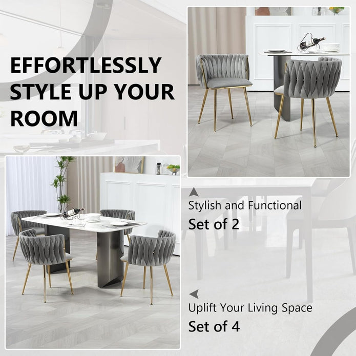 SERENITà Grey Modern Hand Weaving Dining ChairsVelvet Upholstered Side Chairs with Gold Legs Chic Vanity Chairs with Armrest Accent Chair for Dining Room and Cafe Set of 2