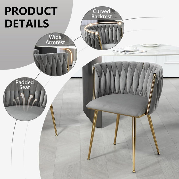 SERENITà Grey Modern Hand Weaving Dining ChairsVelvet Upholstered Side Chairs with Gold Legs Chic Vanity Chairs with Armrest Accent Chair for Dining Room and Cafe Set of 2