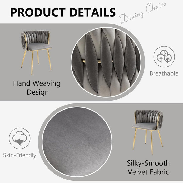 SERENITà Grey Modern Hand Weaving Dining ChairsVelvet Upholstered Side Chairs with Gold Legs Chic Vanity Chairs with Armrest Accent Chair for Dining Room and Cafe Set of 2