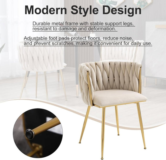SERENITà Ivory Modern Hand Weaving Dining ChairsVelvet Upholstered Side Chairs with Gold Legs Chic Vanity Chairs with Armrest Accent Chair for Dining Room and Cafe Set of 2