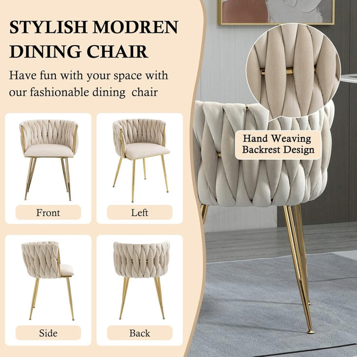 SERENIT??Ivory Modern Hand Weaving Dining ChairsVelvet Upholstered Side Chairs with Gold Legs Chic Vanity Chairs with Armrest Accent Chair for Dining Room and Cafe Set of 2