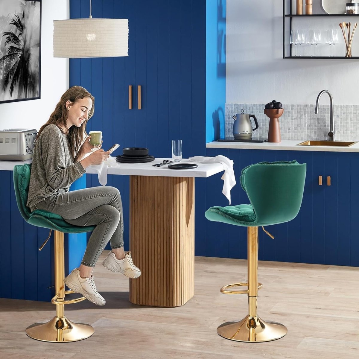 SERENIT? Swivel Bar Stools Set of 2 Counter Height Barstools with Back Velvet Upholstered Adjustable Stool Chair Min Century Modern Bar Stool for Kitchen Island (Emerald Green)