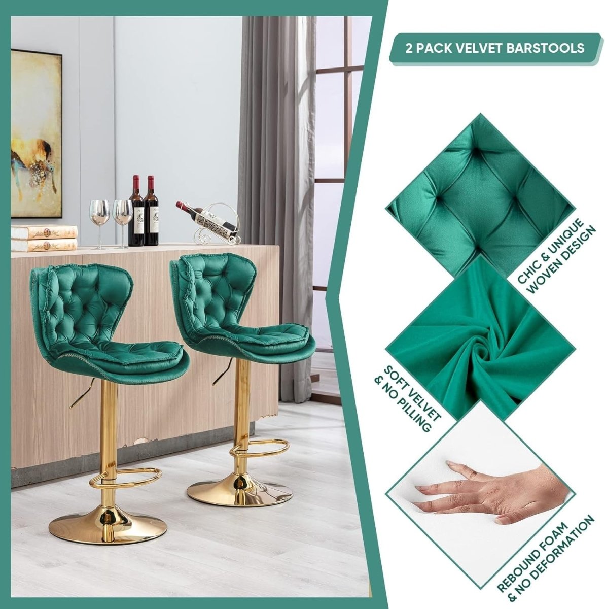 SERENIT? Swivel Bar Stools Set of 2 Counter Height Barstools with Back Velvet Upholstered Adjustable Stool Chair Min Century Modern Bar Stool for Kitchen Island (Emerald Green)