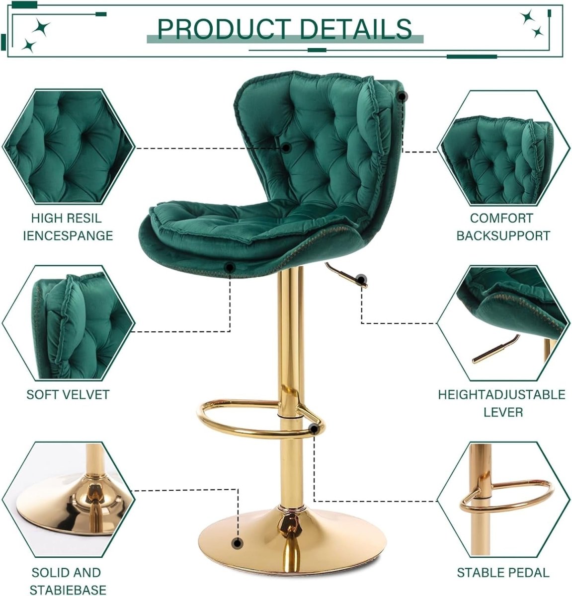 SERENIT? Swivel Bar Stools Set of 2 Counter Height Barstools with Back Velvet Upholstered Adjustable Stool Chair Min Century Modern Bar Stool for Kitchen Island (Emerald Green)