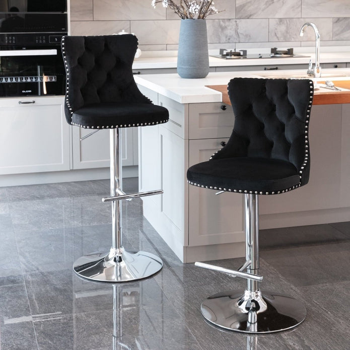 SERENIT? Black Velvet Bar Stools Adjustable Swivel Counter Height Chairs with Tufted Back and Nailhead Trim for Kitchen Island Pub Restaurant (2Pcs, Chrome Metal)
