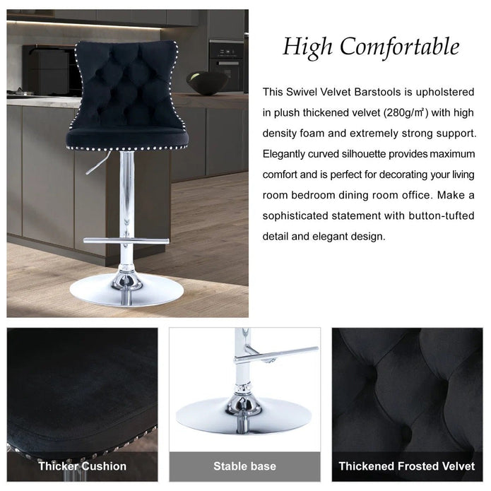 SERENIT? Black Velvet Bar Stools Adjustable Swivel Counter Height Chairs with Tufted Back and Nailhead Trim for Kitchen Island Pub Restaurant (2Pcs, Chrome Metal)