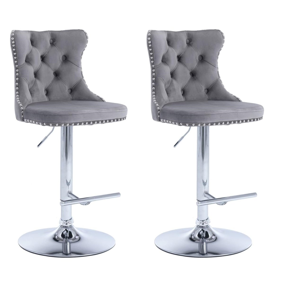 SERENIT? Gray Velvet Bar Stools Adjustable Swivel Counter Height Chairs with Tufted Back and Nailhead Trim for Kitchen Island Pub Restaurant (2Pcs, Chrome Metal, Grey)