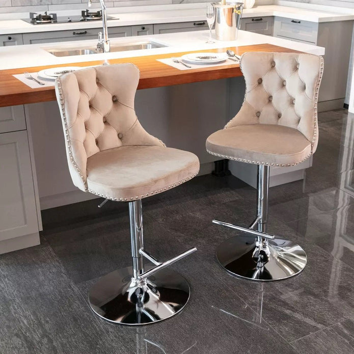SERENIT? Ivory Velvet Bar Stools Adjustable Swivel Counter Height Chairs with Tufted Back and Nailhead Trim for Kitchen Island Pub Restaurant (2Pcs,
