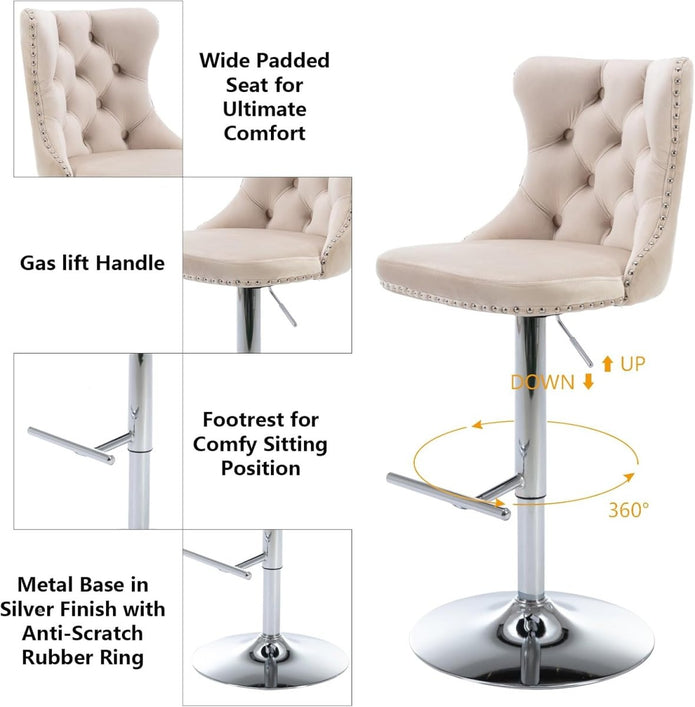 SERENIT? Ivory Velvet Bar Stools Adjustable Swivel Counter Height Chairs with Tufted Back and Nailhead Trim for Kitchen Island Pub Restaurant (2Pcs,