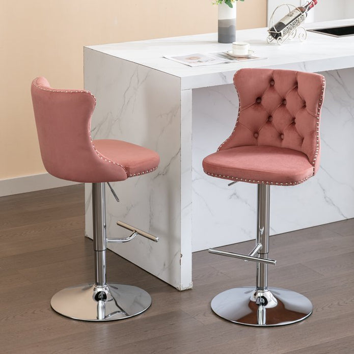SERENIT? Pink Velvet Bar Stools Adjustable Swivel Counter Height Chairs with Tufted Back and Nailhead Trim for Kitchen Island Pub Restaurant (2Pcs,