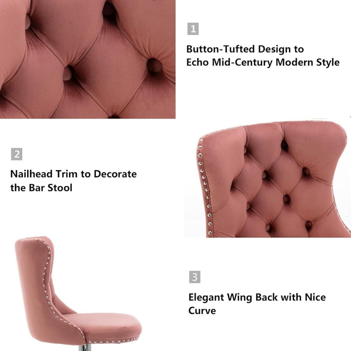 SERENIT? Pink Velvet Bar Stools Adjustable Swivel Counter Height Chairs with Tufted Back and Nailhead Trim for Kitchen Island Pub Restaurant (2Pcs,