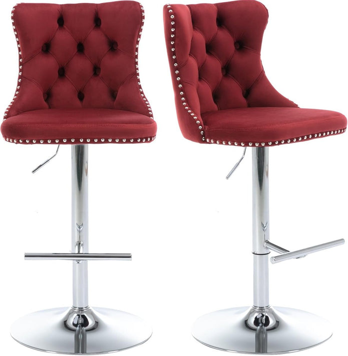 SERENIT? Red Velvet Bar Stools Adjustable Swivel Counter Height Chairs with Tufted Back and Nailhead Trim for Kitchen Island Pub Restaurant (2Pcs,