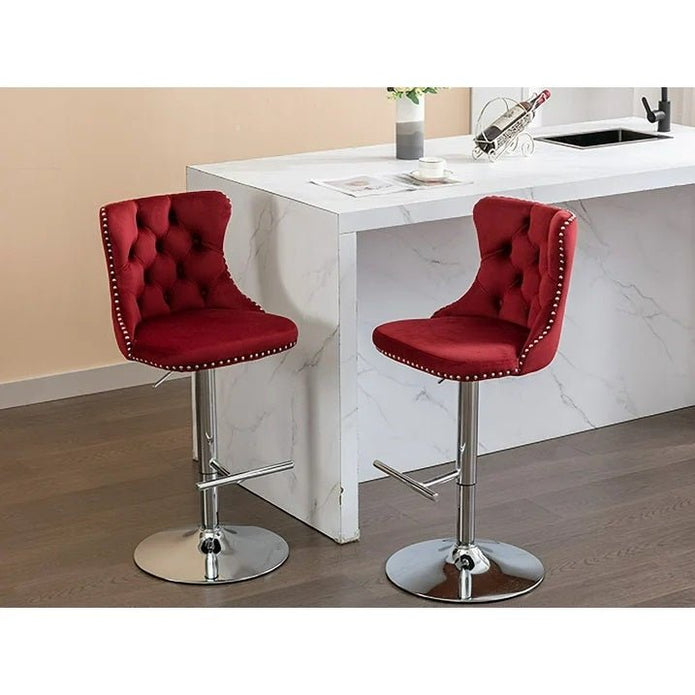 SERENIT? Red Velvet Bar Stools Adjustable Swivel Counter Height Chairs with Tufted Back and Nailhead Trim for Kitchen Island Pub Restaurant (2Pcs,