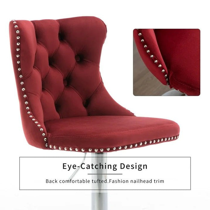 SERENIT? Red Velvet Bar Stools Adjustable Swivel Counter Height Chairs with Tufted Back and Nailhead Trim for Kitchen Island Pub Restaurant (2Pcs,