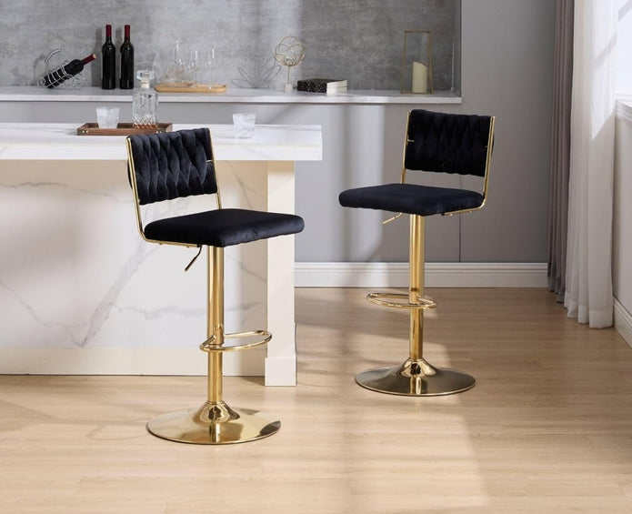 SERENITà 2x Velvet Bar Stools with Braided Back Elegant Kitchen High Chairs, Kitchen Island Stools Adjustable Height Swivel Bar Chairs with Gold Legs for Home-Black