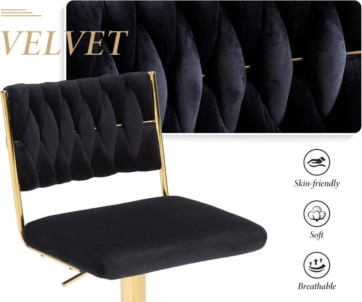SERENIT? 2x Velvet Bar Stools with Braided Back Elegant Kitchen High Chairs, Kitchen Island Stools Adjustable Height Swivel Bar Chairs with Gold Legs for Home-Black